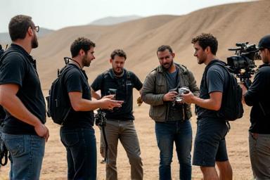 People discussing equipment setup on a film set
