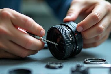 Technician repairing a camera lens