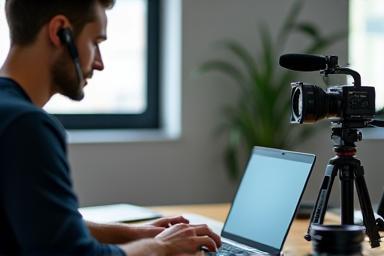 Person working on a laptop next to camera equipment, symbolizing technical support